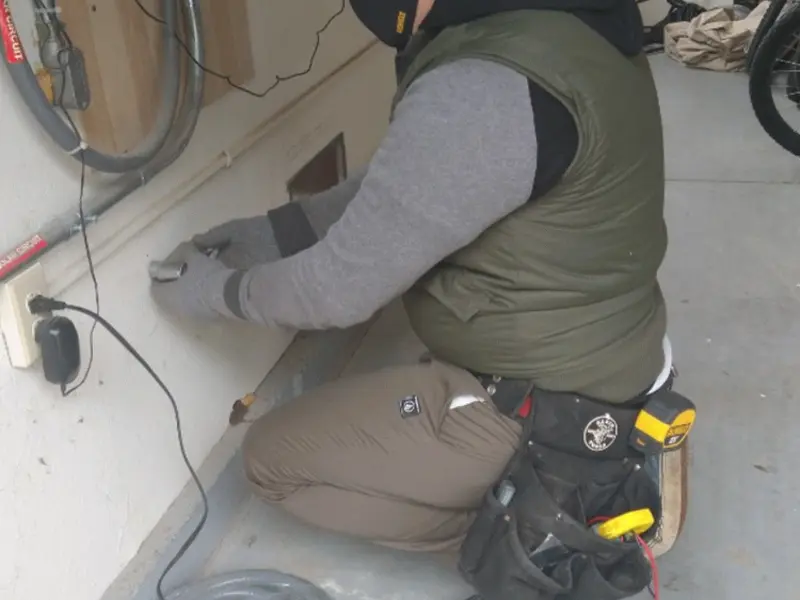 Electrician performing outlet wiring in a East Palo Alto garage